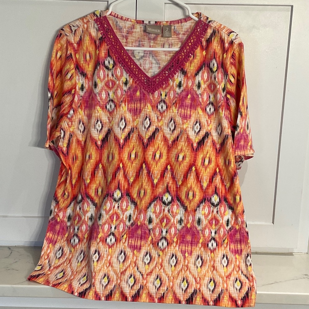 Chico's Orange and Pink Patterned with embroidered beck line Blouse